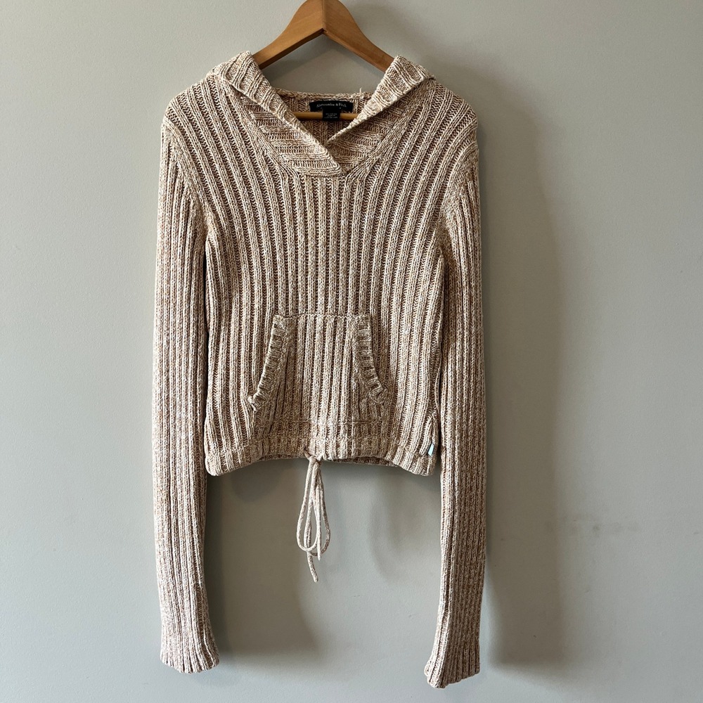 Abercrombie & Fitch Ribbed Knit Hoodie Sweater Coastal Tan Large Drawstring Hem